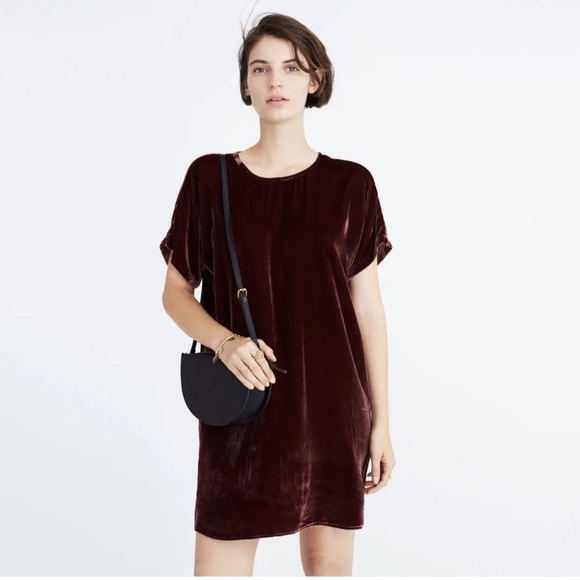 MADEWELL Velvet Bow Back Tee dress Xsmall Burgundy - Picture 1 of 6